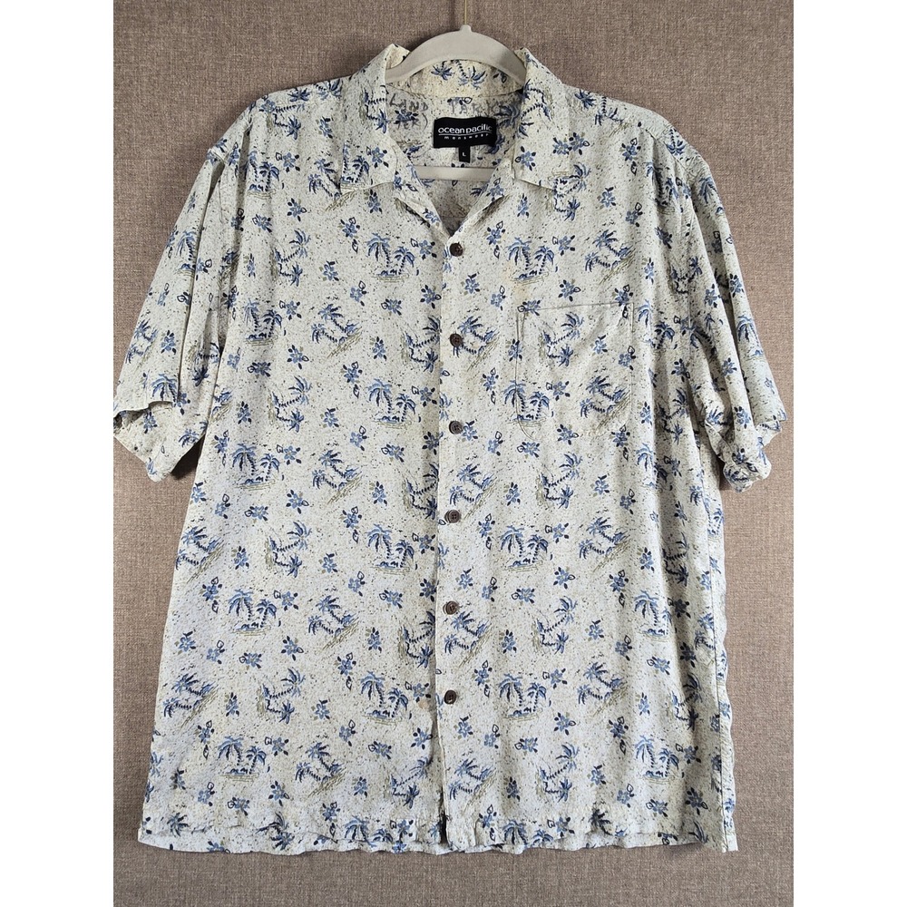 Vtg Ocean Pacific OP Hawaiian Shirt Mens L 100% Rayon Palm Tree Floral Surf